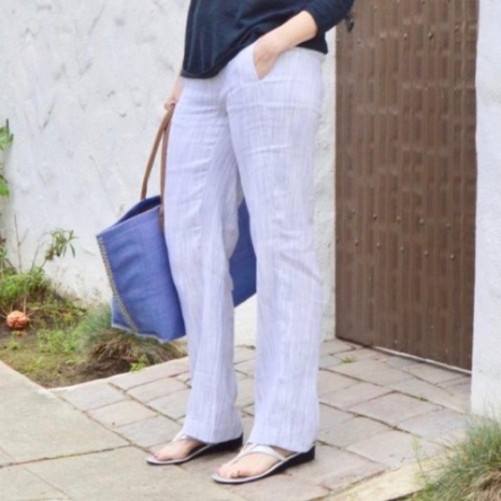 J. jill easy stretch linen flat front pull on bleach pants in grey stripe